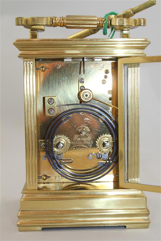 A late 19th century French hour repeating gilt brass carriage clock, 6.25in.